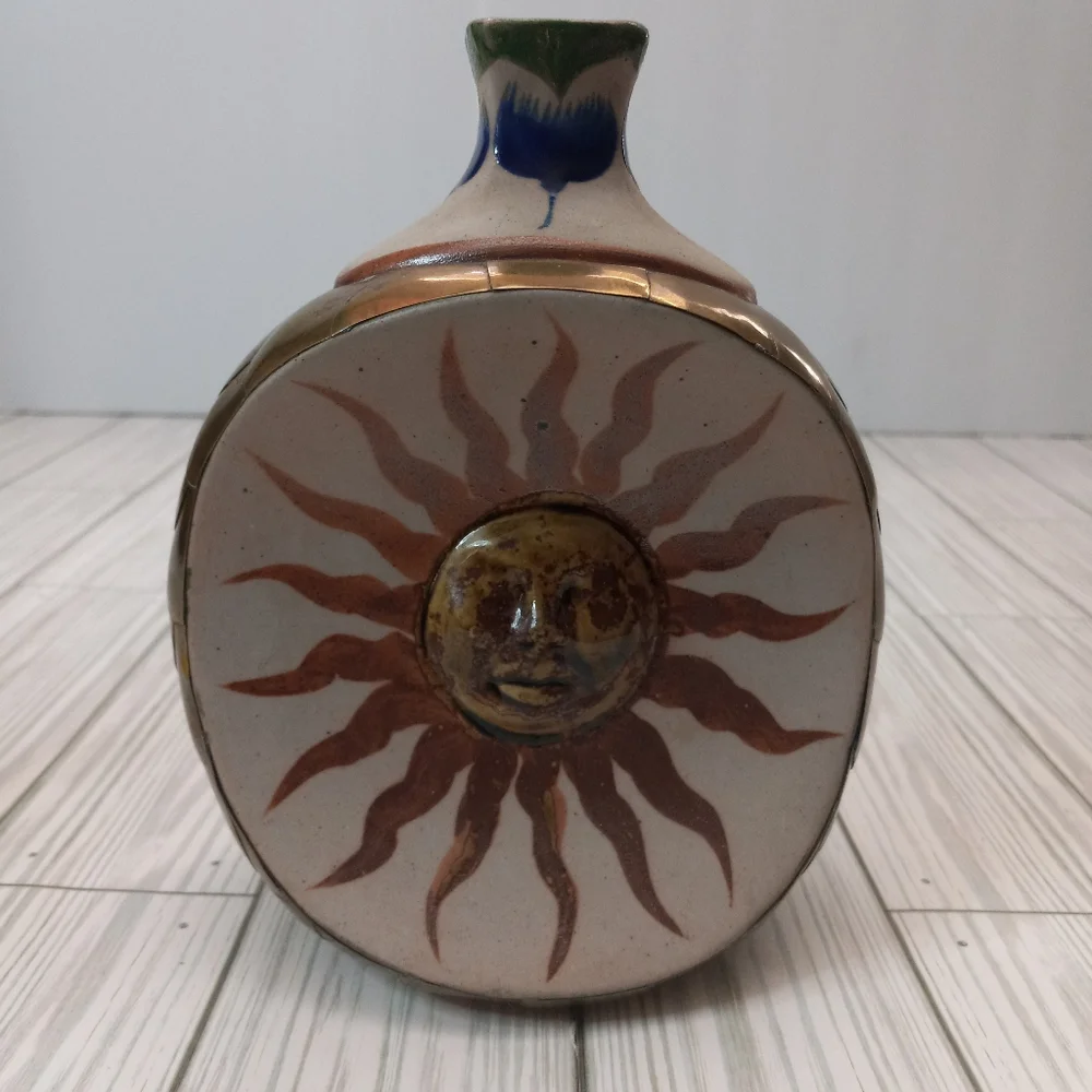 Vintage Mexican Tonala Hand Painted Pottery Sun & Moon Folk Art Brass Vase